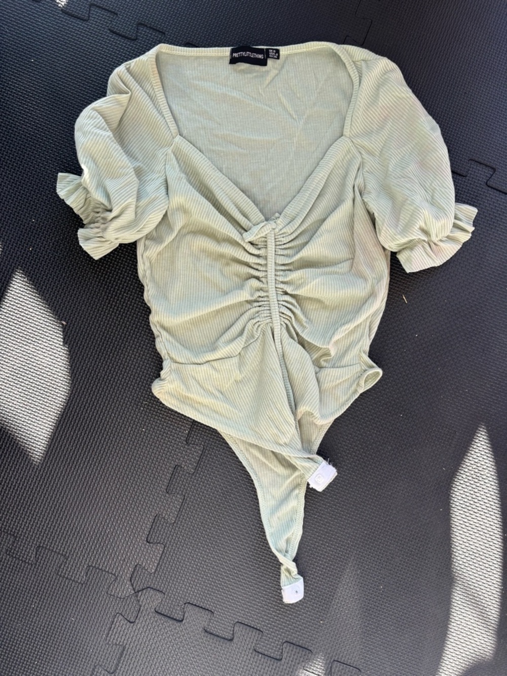PrettyLittleThing Light Sage Ruched V-Neck Bodysuit